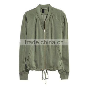 Khaki Green Soft Ribbed Collar Zip Bomber Jacket Womens Thin Coats and Jackets photo-4