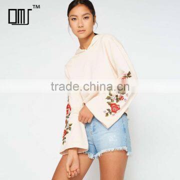 Relaxed fit cotton clothing kimono sleeve embroidered hoodie for women