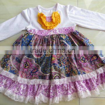 XF-019 Wholesale baby girls floral boutique child clothes kids knit cotton ruffle lace dresses fall vintage frocks design