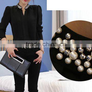 long sleeve black chiffon beaded collar blouse women