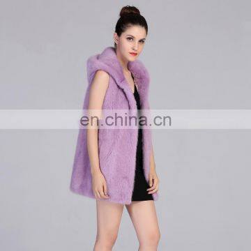 Top quality 100% real mink fur long vest with hood