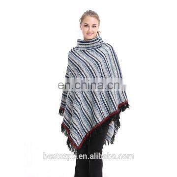 wholesale fashion knitted poncho women fringe turtleneck pullover custom sweater