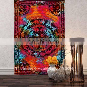 Indian Tapestry Tye Dye Elephant Round Multi Color Throw Single Tapestry Hippie