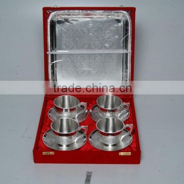 Silver Plated Engraved Brass Tea Coffee Cups & Plated Set Of Four Piece With Serving Tray