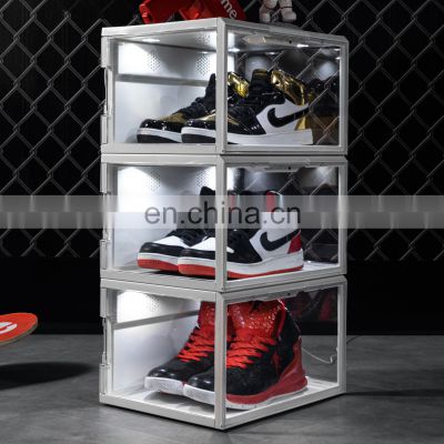 Magnetic stackable portable custom logo clear LED shoe box case acrylic sneaker sound control sneaker shoe box with led light