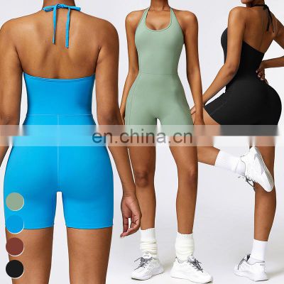 Breathable Sports Rompers Workout Bodysuit Custom Gym Fitness Sets Women Sleeveless Halter One Piece Short Yoga Jumpsuit