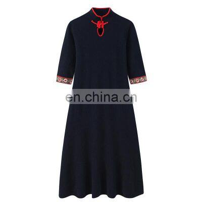 Autumn Luxury Slim Long Knitted 100% Cashmere Dress Ladies New Design Button Decoration Breathable Washable Floor-Length Natural