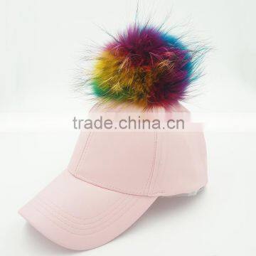 Women pink faux leather hat with 15cm raccoon fur pompoms New design colorful sport snapback baseball caps
