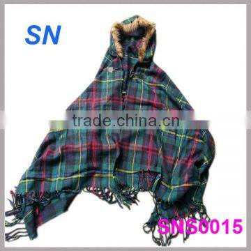 2014 fashion women plaid shawl with fur trimmed hat