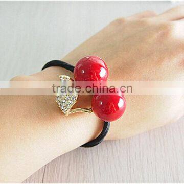 Elegant Red White Simulated Pearl Rhineston Leaf Cherry Rubber Band Elastic Hair Bands Girls Hair Accessories for Women Headwear photo-3