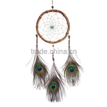 Organic Hand Makeing Dreamcatcher with Vine Circle Diameter 6.7" and Triple Peacock feathered Tail