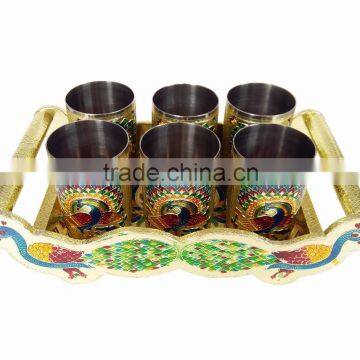 TWIN PEACOCK Designed WOODEN MEENAKARI TRAY WITH MATCHING 6-GLASSES SET - G.M. photo-5