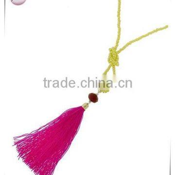 Gold Tone Yellow Acrylic Bead & Pink ThreadTassel Pendant Necklace