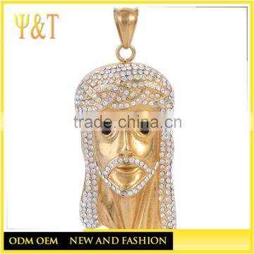Fashion stainless steel jewelry custom engraved logo gold jesus pendant with cz