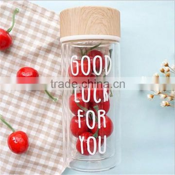 Manufacturer selling high quality portable double wall drinking sport glass water bottle with bamboo lid