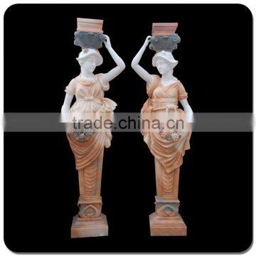 Decorative red marble column natural stone column with girl statue