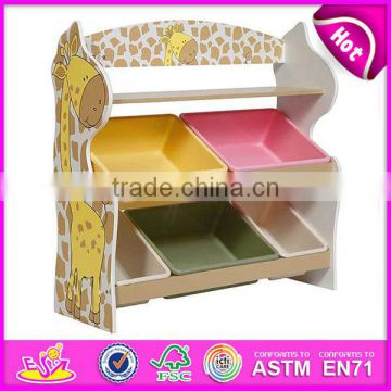 2015 New and Popular design wooden toy organizer for kids with 5 plastic bins, 2 Tier Wooden Toys Storage Organizer W08C033