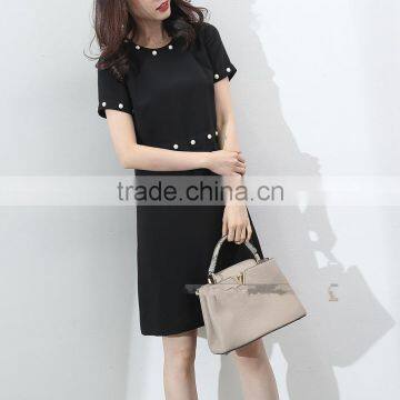 Guangzhou Oem Clothing White Pearl Embellishment Dresses Short Sleeve Black Slim Dress photo-6