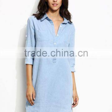 Blue Roll Tab Sleeve High Low Denim Shirt Dress With Pockets On Chest Casual Short Dress With Buttom photo-2