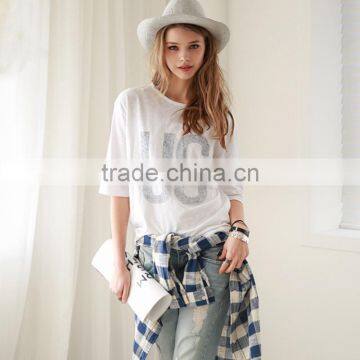 Wholesale Summer Short Sleeve White Printing T Shirt for Ladies