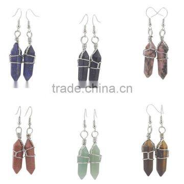 Silver Wire Wrapped Hexagon Prism Amethyst Natural Stone Drop Earrings