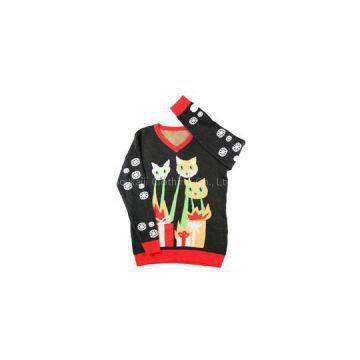 2015 Fall Christmas gift sweater soft acrylic colorful jacquard snow cat v-neck pullover