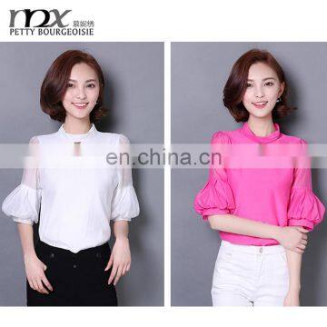 Latest fashion blouse design pink puff sleeve chiffon women blouse