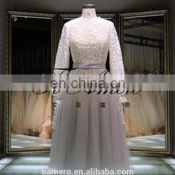 1A905 Formal Elegant Round Neck High Waist Lace Sash Long Sleeve Bridemaid Dress Evening Dress