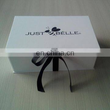 Large Size Folding White Cardboard Boxes Flat Pack With Logo Black Stamping Ribbon Closure For Handbag Luxury Packing