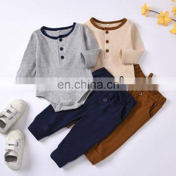 Baby suit autumn baby long sleeve solid color pit stripe Romper pants two piece bag fart creeper