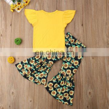 2PCS set Toddler Kids Baby Girls Sunflowers Clothes Ruffles Sleeveless Yellow T-shirt Top Flared Pant Bell bottom