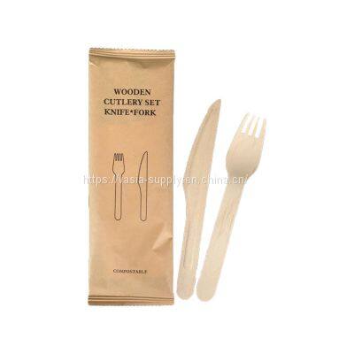 Disposable Kraft Paper Pack 2 in 1 Birch Wood Cutlery Set Wooden fork & Wooden Knife