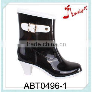 Fashion design girls high heel PVC half rain boots with side buckle