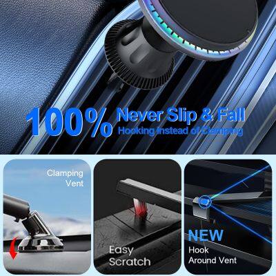 Magnetic 15W Wireless Charger Car Mobile Phone Holder LED Light Air Vent 360 Degree Rotation Car Holder Car Mount