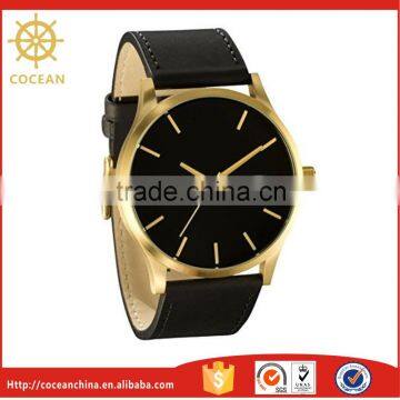 Men Watch Mineral Glass Face Gold Case With Black Leather band Brand watches