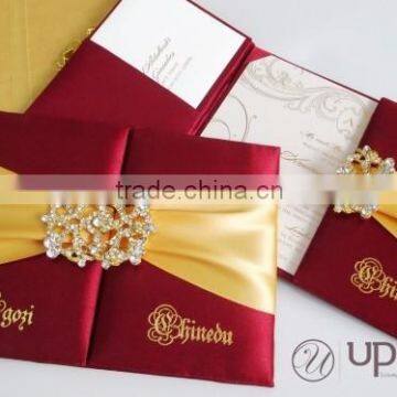 Red Silk Wedding Invitation card with ribbon and rhinestone brooch