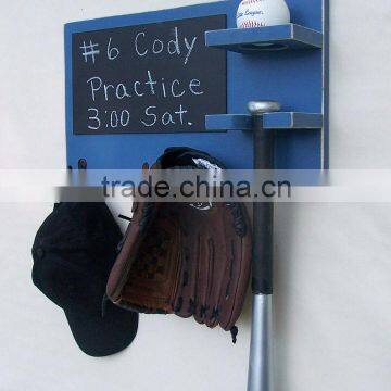 Living room wooden blue ball holder organizer shelf with chalkboard