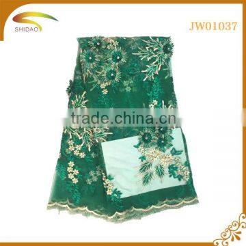 Green beaded embroidery 3D flower bridal african french lace fabric for wedding dress                        
                                                                                Supplier's Choice