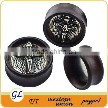 TP04235 Jesus double flared saddle piercing wood ear tunnel plug