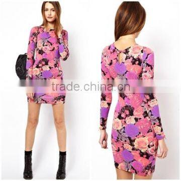 2016 Latetst long sleeves full round neck floral print bodycon dress design, bodycon designer one piece dress