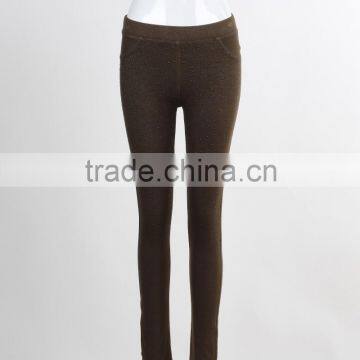 F5W31068 Plain Design Khaki Jersey Leggings Women Embellished Knit Leggings