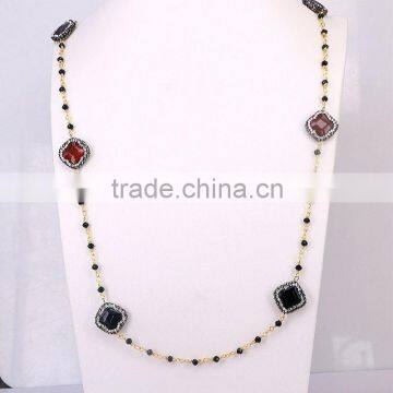 Pave Crystal Clover Druzy Agate Stone Necklace, Gold plated Wire Wrapped Beaded Rosary chain Black beads Necklace