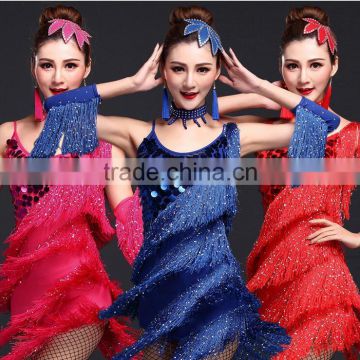 Wholesale red performance women dancewear sequin tassel latin dance costumes adult