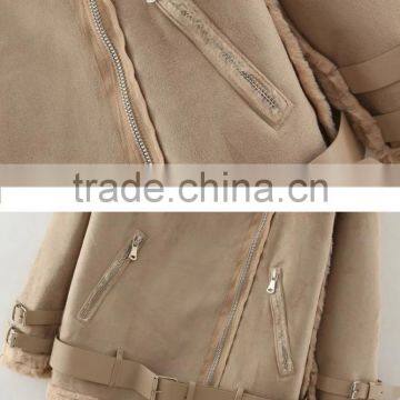Lady Clothing Garment Manufacturer Lapel Neck Khaki Nubuck Leather Jacket Woman 2015 photo-4