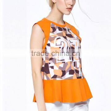 Promotional Top Quality Knitted Wear Popular Printed Ruffle Hem Model Women's Simple Blouse With Sleevless photo-6