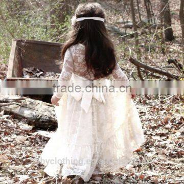 2017 Girl Lace Long Dress For Princess Wedding Party White/Cream Big Bow Long Sleeved Dress photo-2