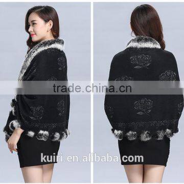 2016 New Design Woman Knitted Shawls With Rex Rabbit Fur Poms Figure Lady Cappa photo-5