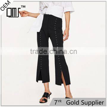 Breathable black pearl studded dress black pants with slits