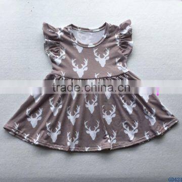 Wholesale Summer Baby Girls Cotton Frock Dress Boutique Kids Deer Printed Pattern Pearl Ruffled Dresses