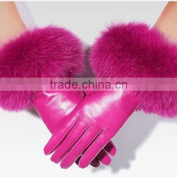 New 2017 Hot Pink Winter Women Warm Gloves High Quality Dermis Genuine Leather Fox Fur Gloves New Year Gift